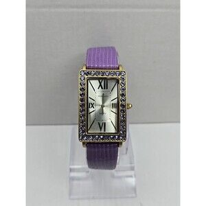 Heidi Daus Purple Crystal Rectangular Watch Quartz New Battery Leather Strap